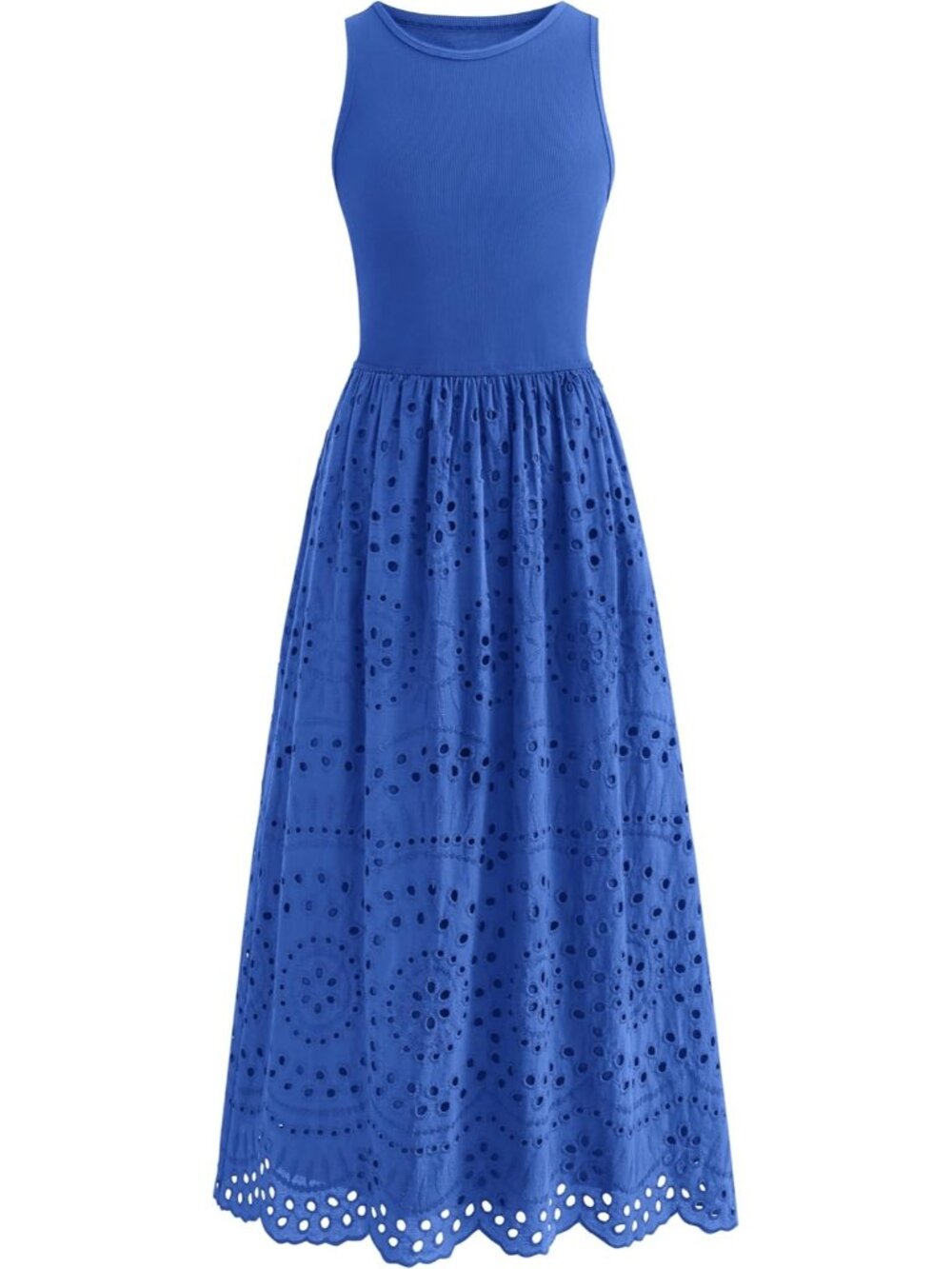 Women's Blue Sleeveless Crew Neck Lace Imported A-line Cotton Maxi Dress